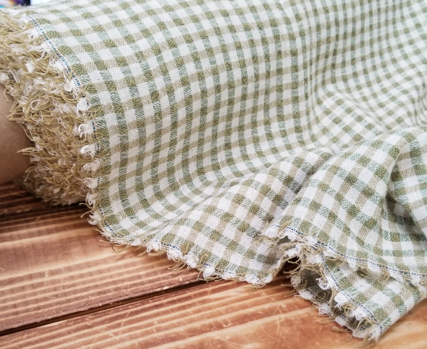 Designer Deadstock Rayon Linen Blend Slight Stretch Micro Checks Green, Khaki, and Cream Woven- by the yard