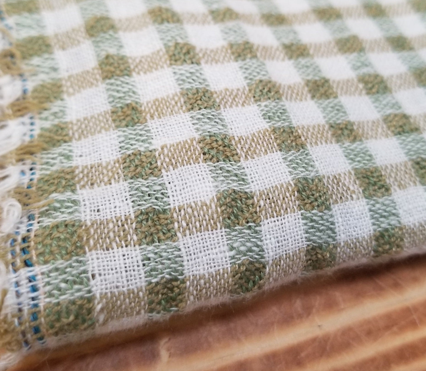Designer Deadstock Rayon Linen Blend Slight Stretch Micro Checks Green, Khaki, and Cream Woven- by the yard
