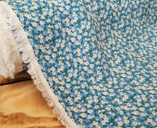 White & Sky Blue Flowers Rayon Textured Woven-by the yard