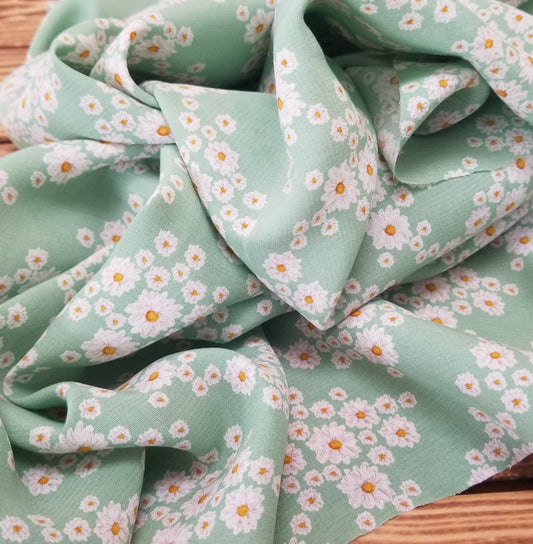 End of Bolt: 2.5 yards of Daisy Floral Mint Green Floral Rayon Textured Woven-remnant