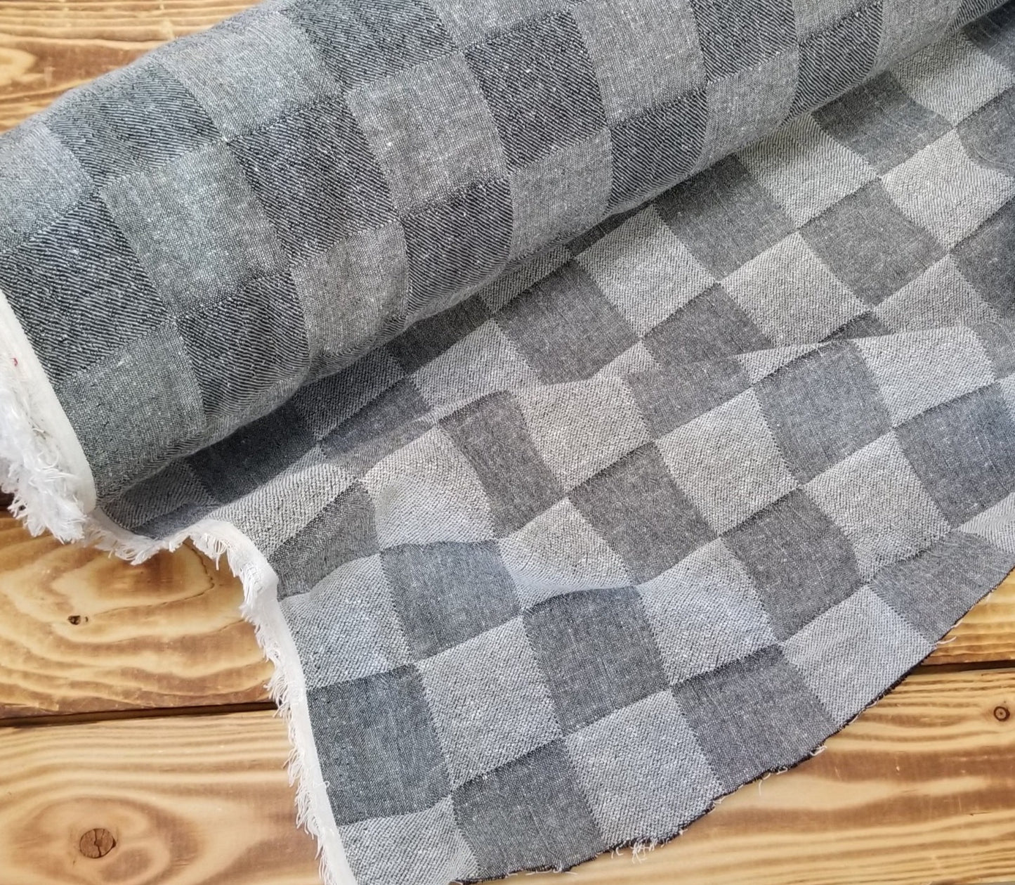 LA Finch 5 yard precut: 5 yards of Designer Deadstock Grunge Gray/Blue Check 100% Linen Medium Weight Jacquard Woven