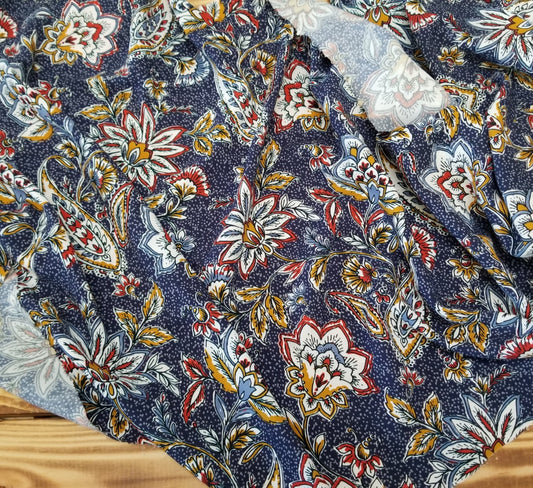 Designer Deadstock Italian Floral and Paisleys Navy Viscose Challis Woven- by the yard