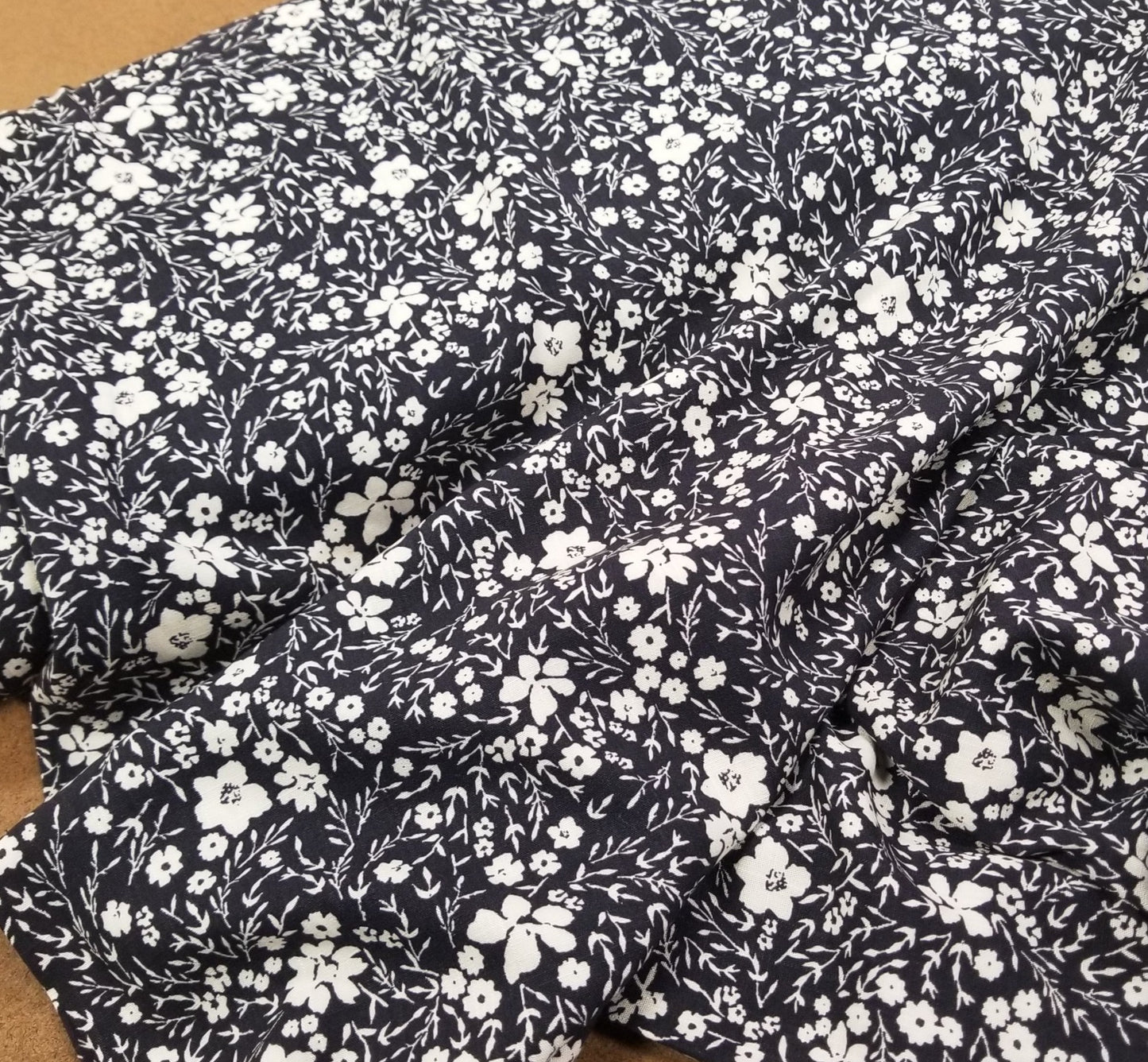 Designer Deadstock Dark Navy and Ivory Scattered Floral Laundered Cotton Rayon Linen Woven-by the yard