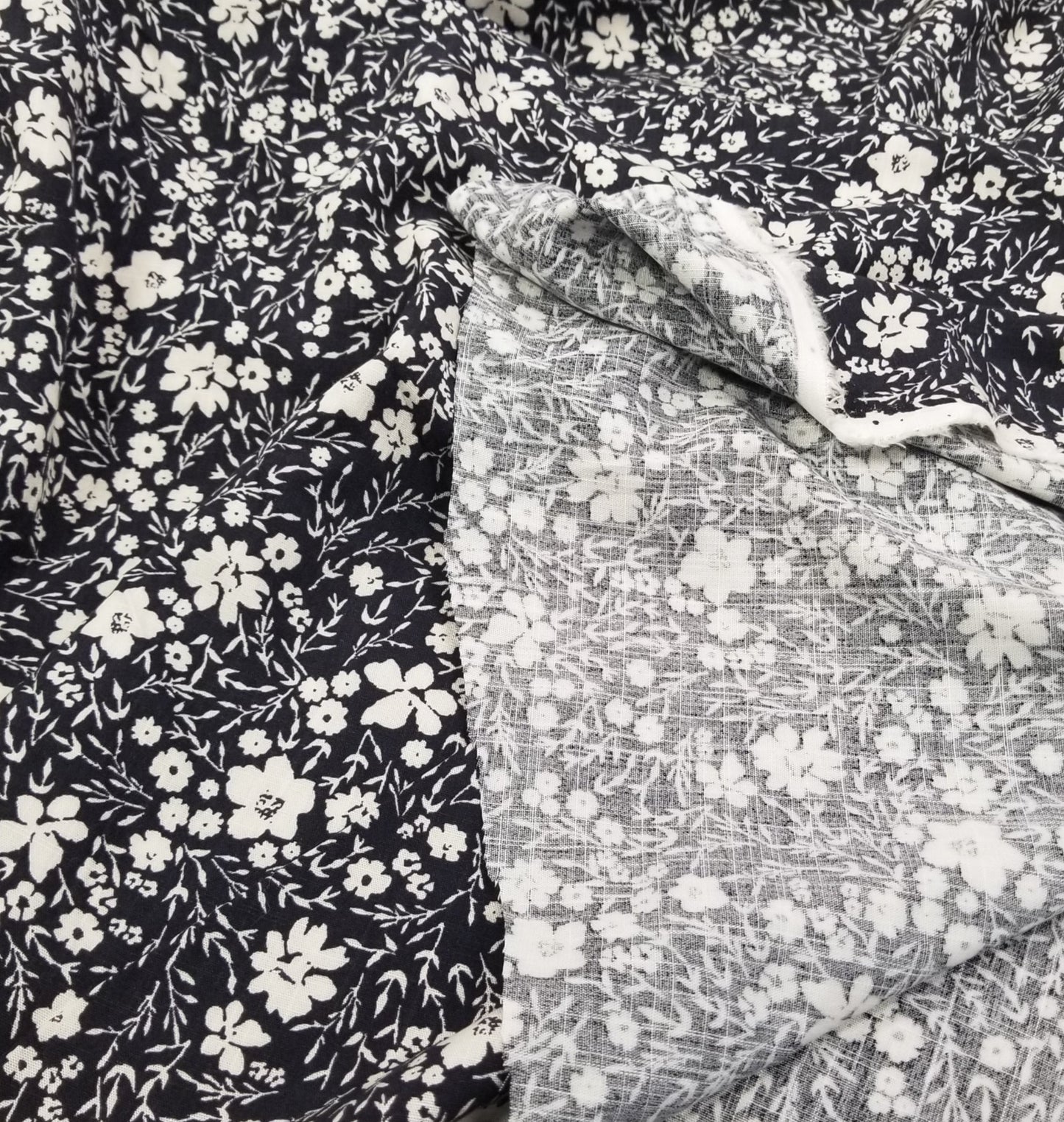 Designer Deadstock Dark Navy and Ivory Scattered Floral Laundered Cotton Rayon Linen Woven-by the yard