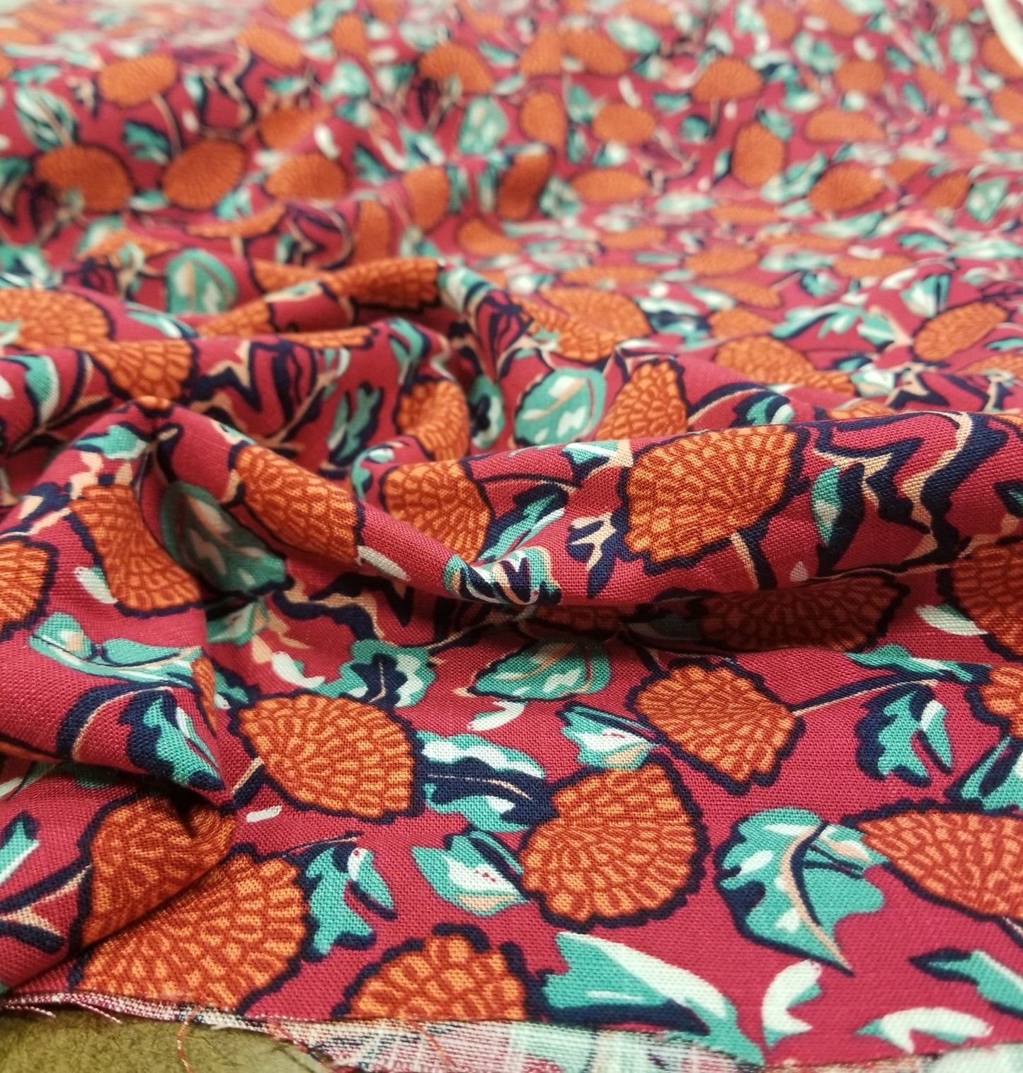 LA Finch 5 yard precuts : 5 yards of Designer Deadstock Fuchsia and Orange Abstract Fan Florals Laundered Cotton Rayon Linen Woven