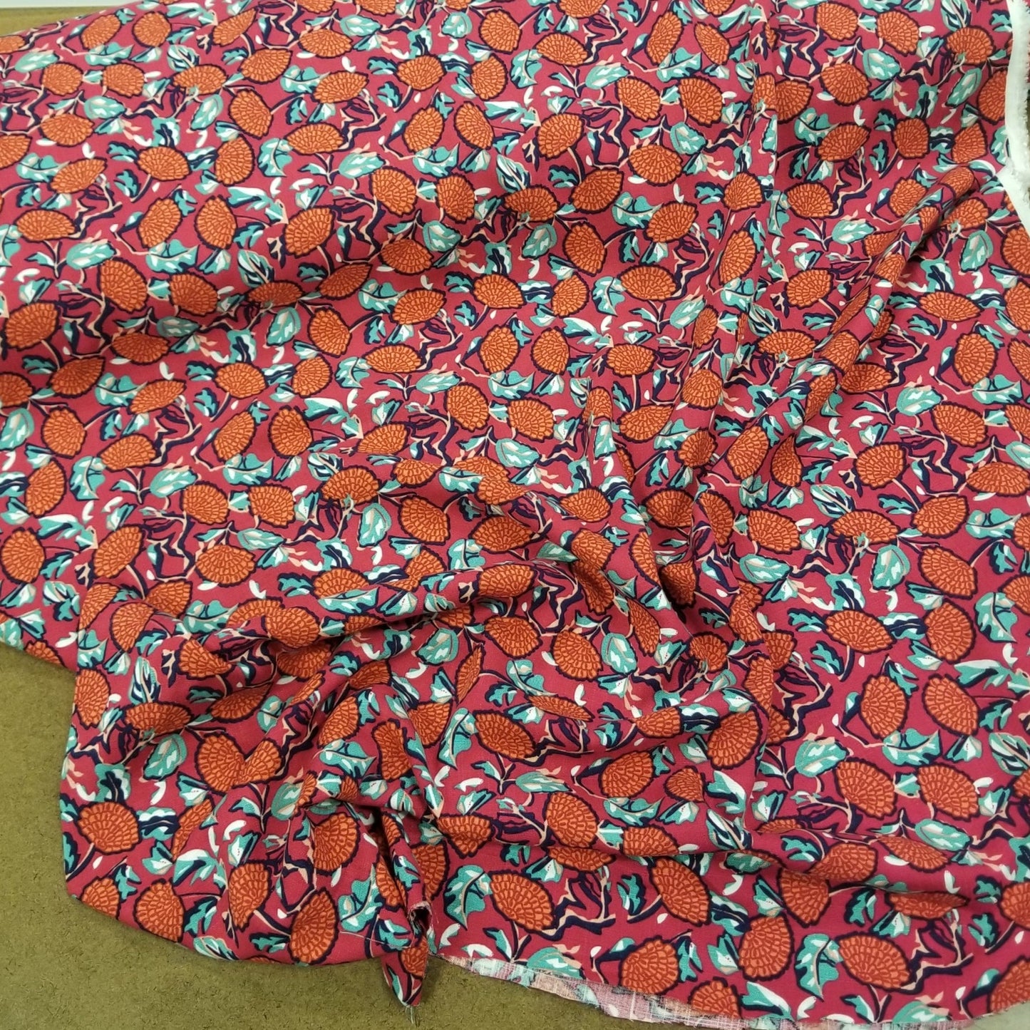 LA Finch 5 yard precuts : 5 yards of Designer Deadstock Fuchsia and Orange Abstract Fan Florals Laundered Cotton Rayon Linen Woven