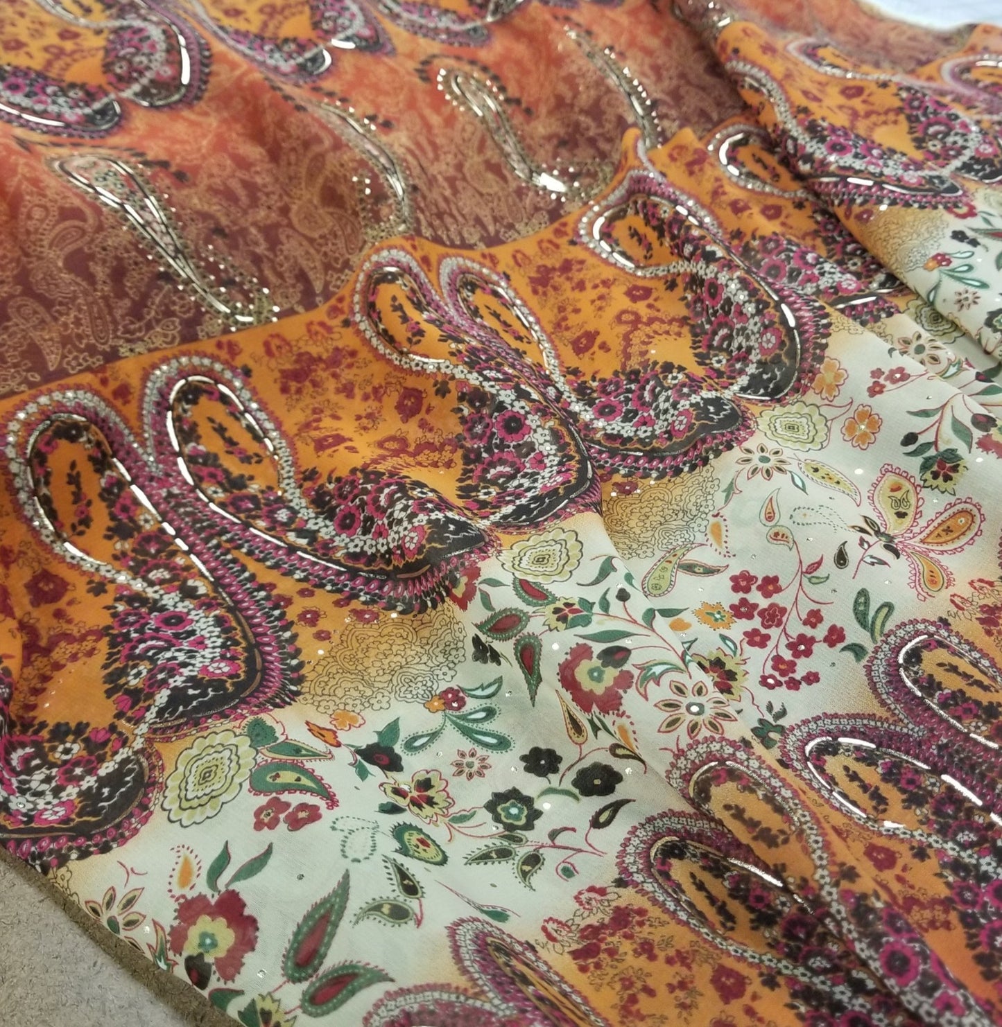 Designer Deadstock Gold Printed Orange Bohemian Paisley Sheer Woven-by the yard