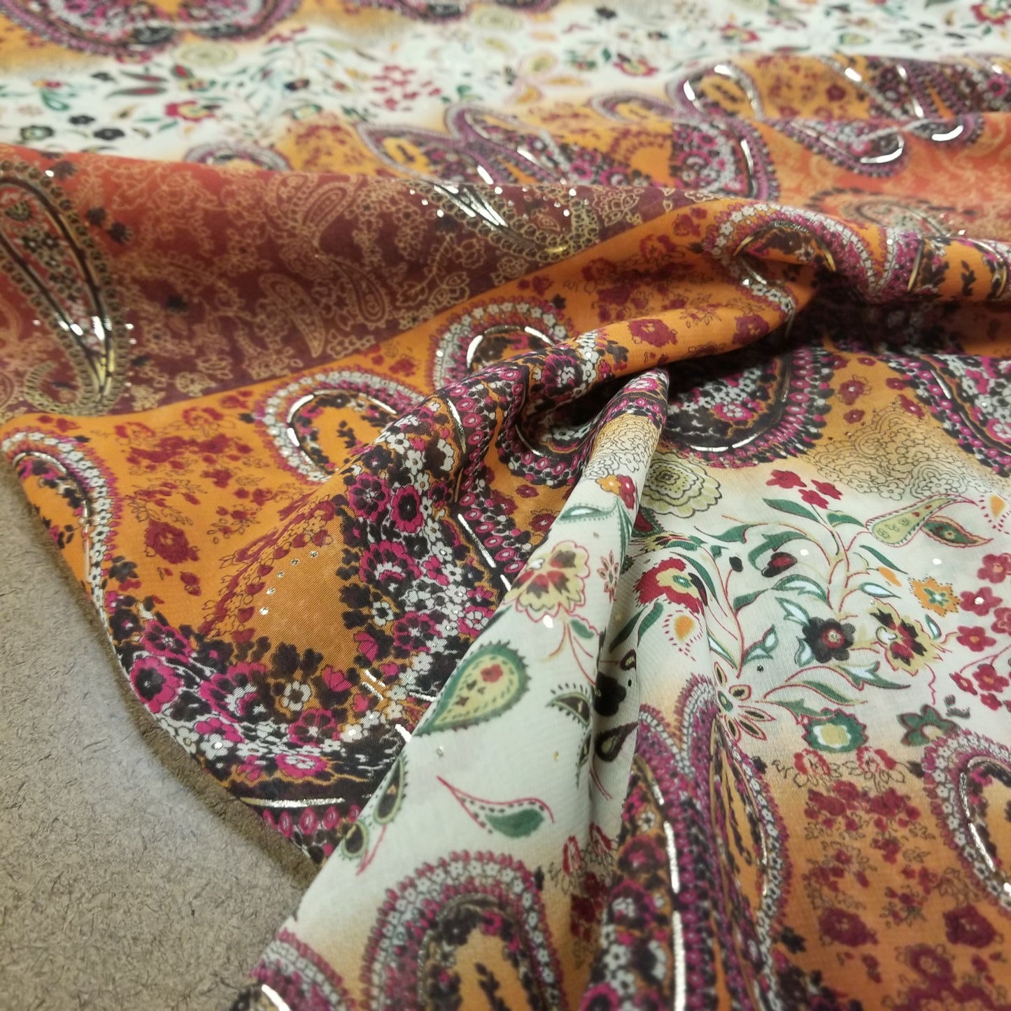 Designer Deadstock Gold Printed Orange Bohemian Paisley Sheer Woven-by the yard