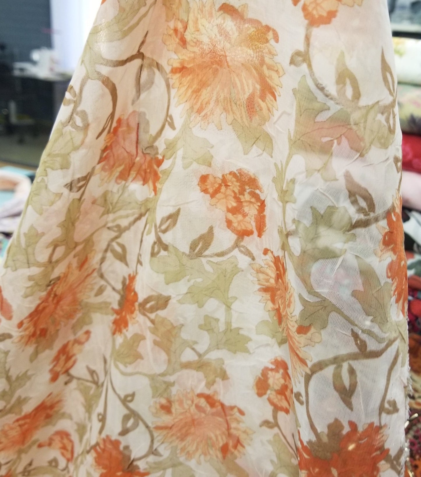 Designer Deadstock Crinkle Faint Pink/ Ivory and Orange Bohemian Florals Sheer Woven-by the yard