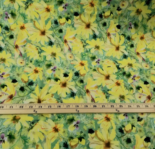 End of Bolt: 3.5 yards of Designer Deadstock Green and Yellow Viscose Soft Woven-remnant