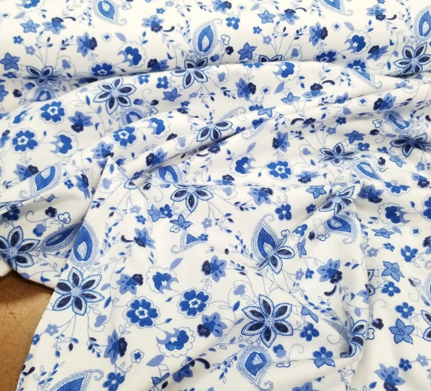 End of Bolt: 3/4th yards of Deadstock Cotton Scattered Blue Paisleys and Florals Flannel Woven- remnant