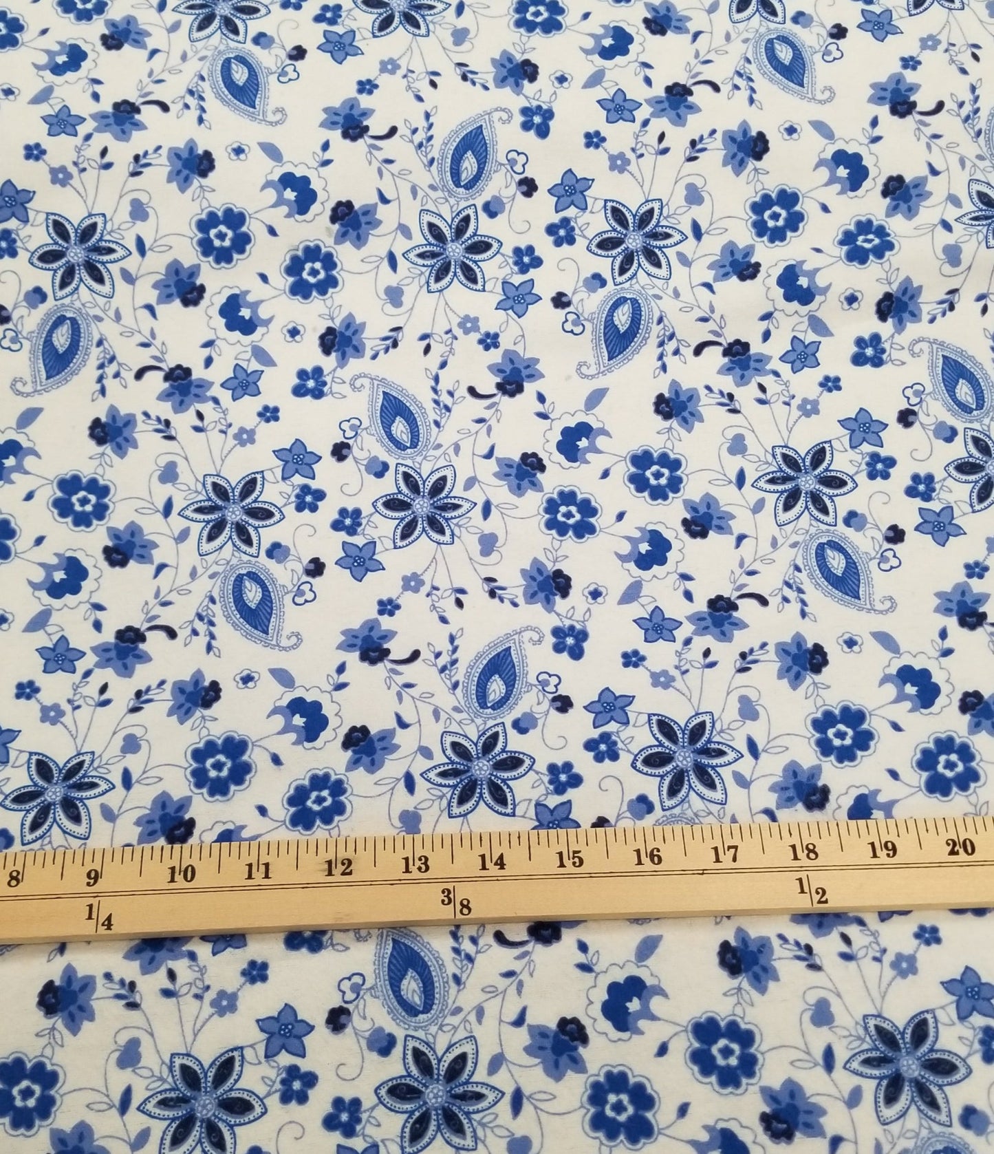 End of Bolt: 3/4th yards of Deadstock Cotton Scattered Blue Paisleys and Florals Flannel Woven- remnant