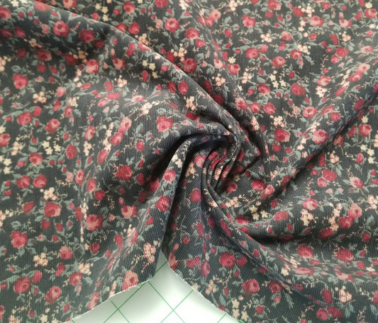 100% Cotton Baby Wale Corduroy Charcoal and Burgundy Red Floral  Woven-by the yard