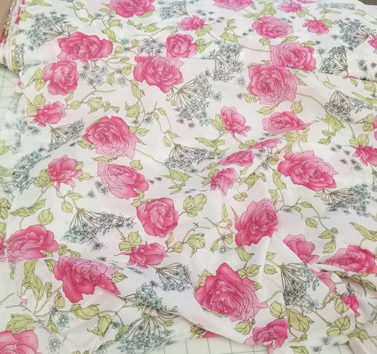 Designer Deadstock Floral Roses Cotton Light Voile Woven-by the yard