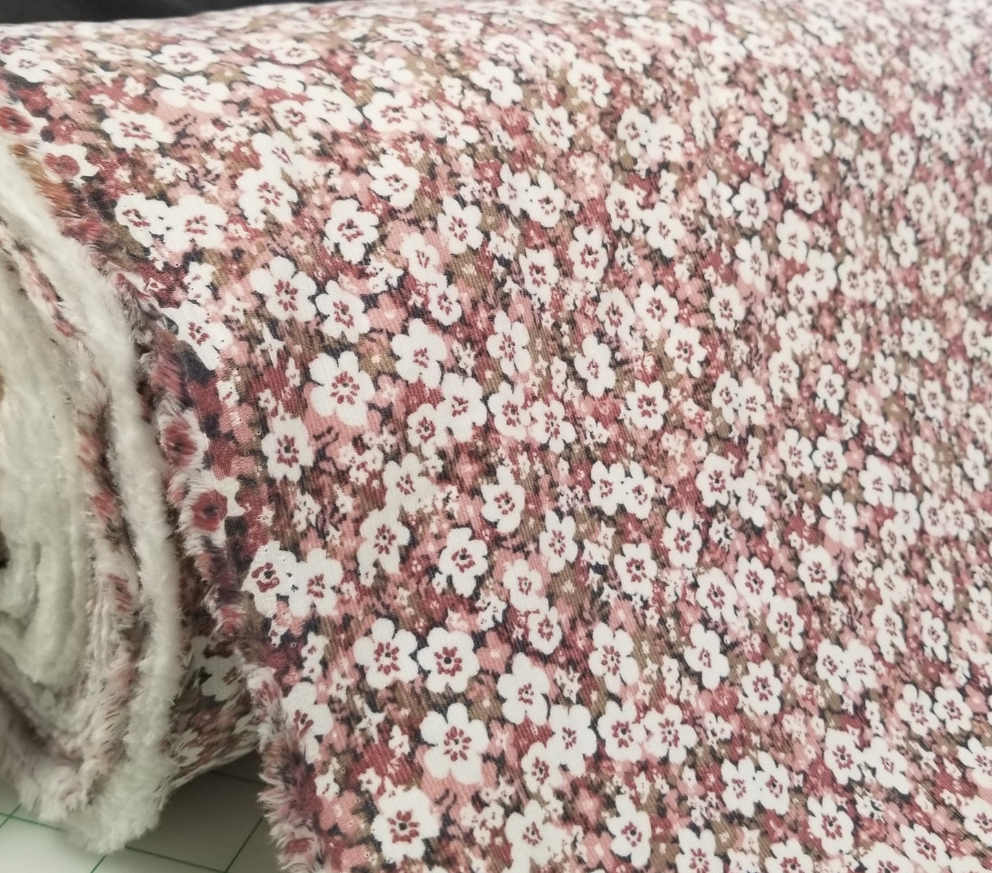 Baby Wale Corduroy Coquette Floral Pink and Mauve Stretch Woven-by the yard