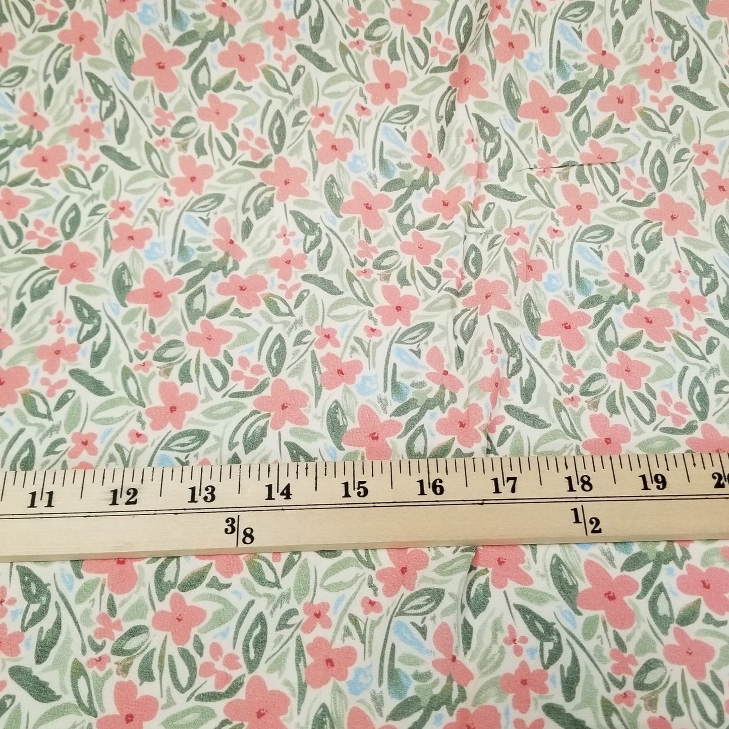 Designer Deadstock Slight Stretch Rayon Crepe  Green and Coral Floral Woven- by the yard