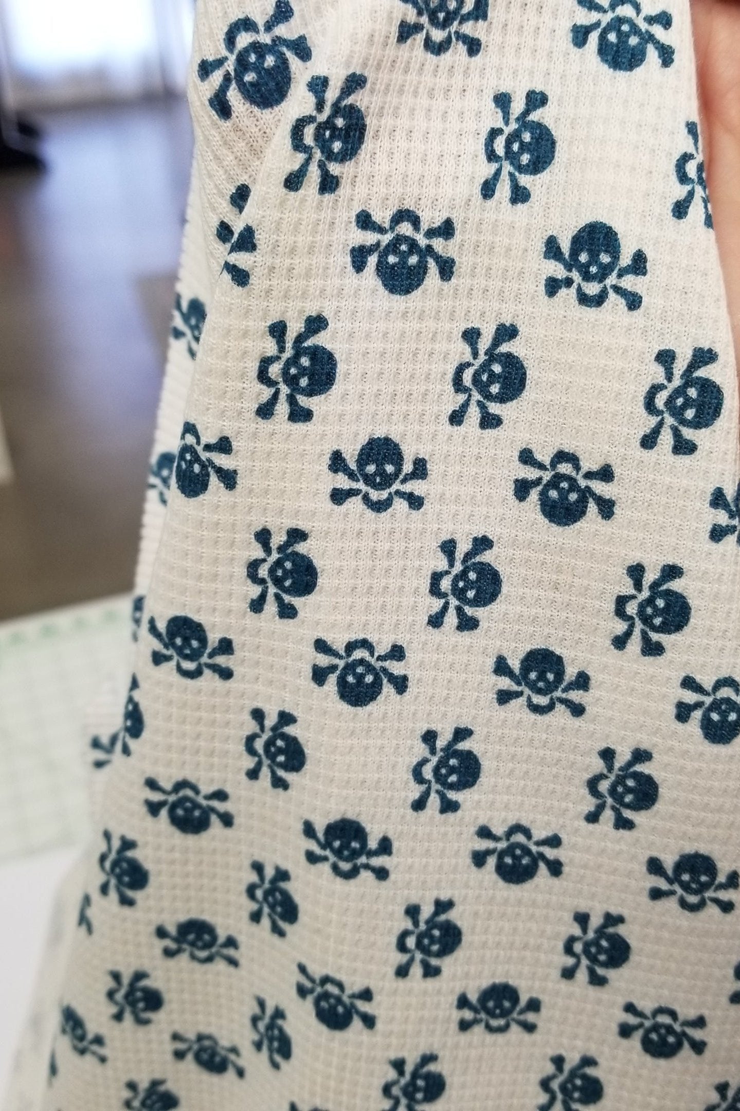 Designer Deadstock Blue Skulls Thermal Ivory Knit- by the yard