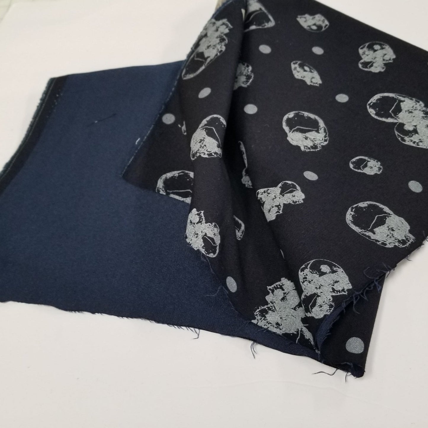 Designer Deadstock Skulls and Dots Cotton Spandex Stretch Twill Navy and Indigo Woven-by the yard