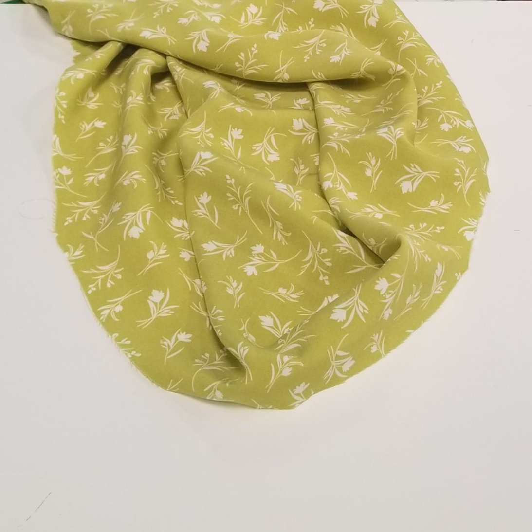 Designer Deadstock Rayon Challis Floral Lime Green and Ivory Woven- by the yard