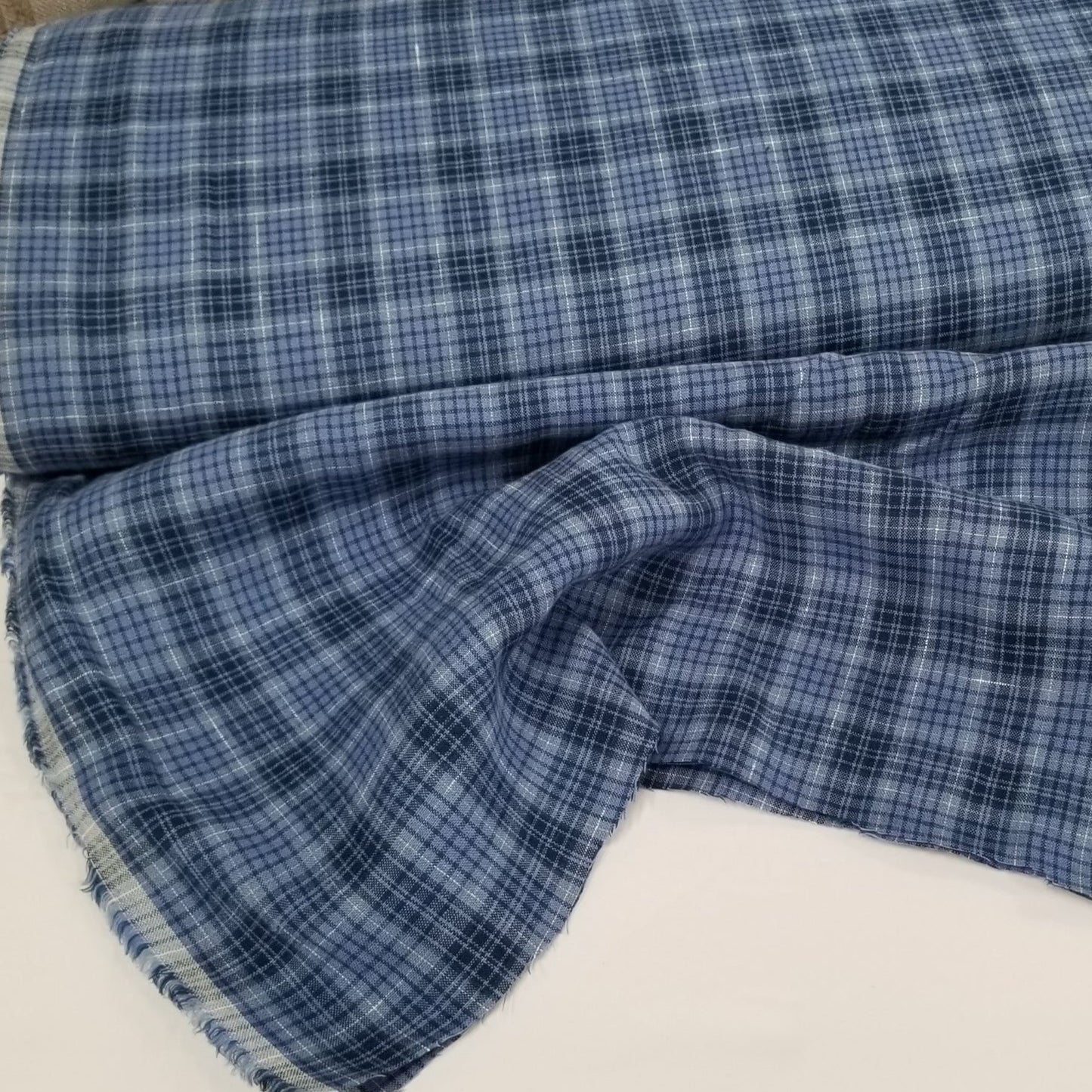 End of Bolt: 1 yard of Irish Linen Keady Blue Plaid Spence Bryson Woven 165 GSM- remnant