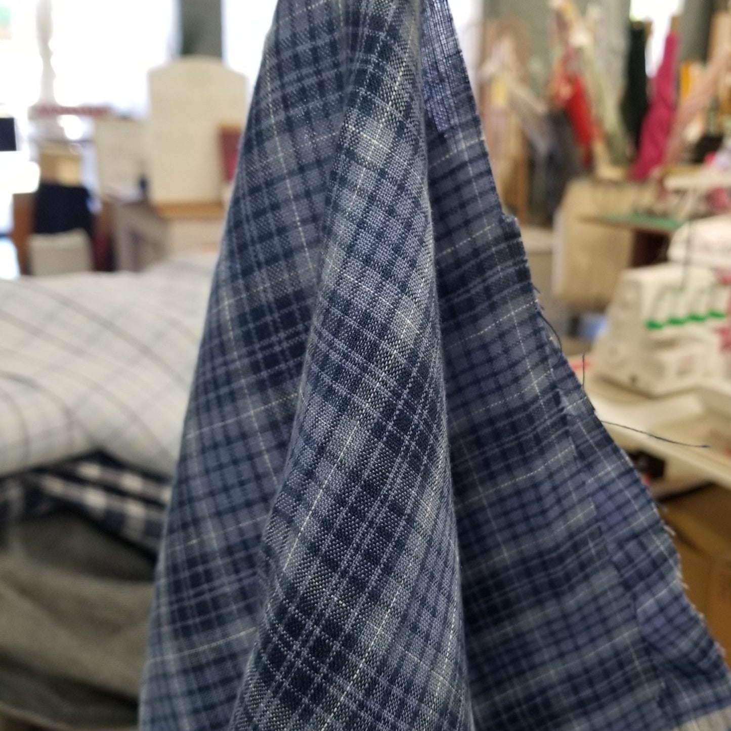 End of Bolt: 1 yard of Irish Linen Keady Blue Plaid Spence Bryson Woven 165 GSM- remnant