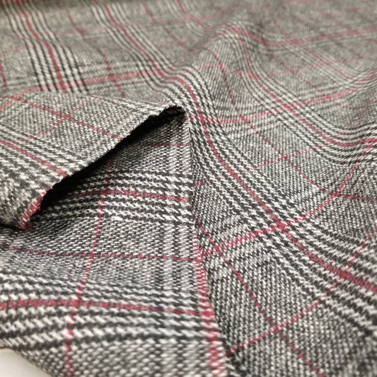 Wool Blend Melton Glen Plaid Charcoal and Red Woven-Sold by the yard