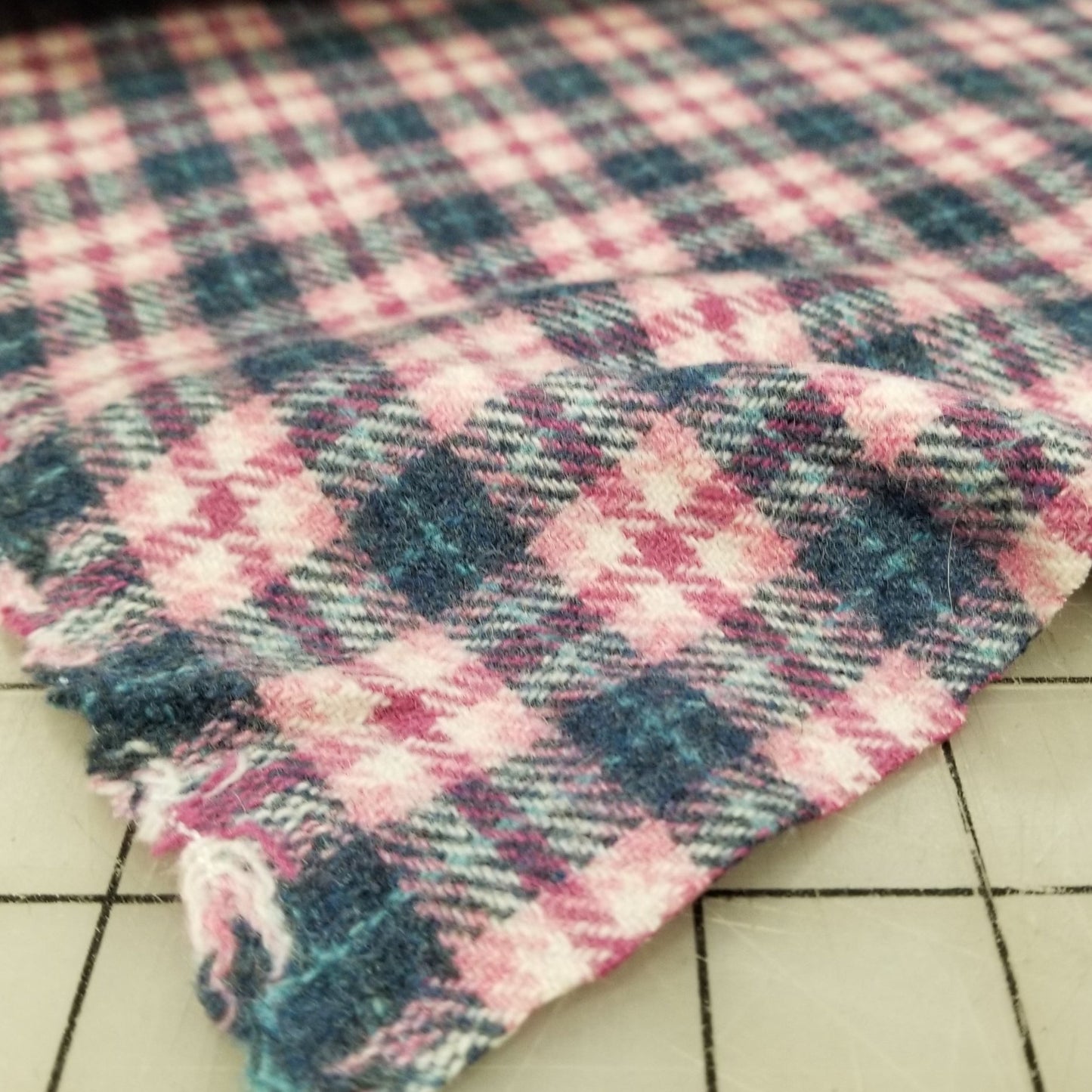 Wool Blend Melton Pink and Blue Plaid Slight Brushed Woven-Sold by the yard