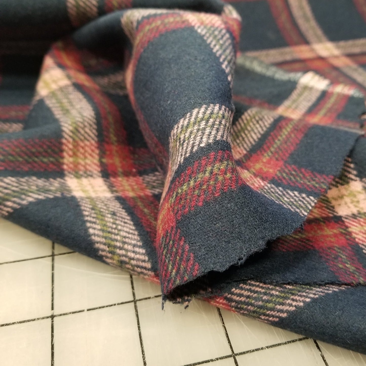 Wool Blend Melton Dark Navy Plaid Slight Brushed Woven-Sold by the yard