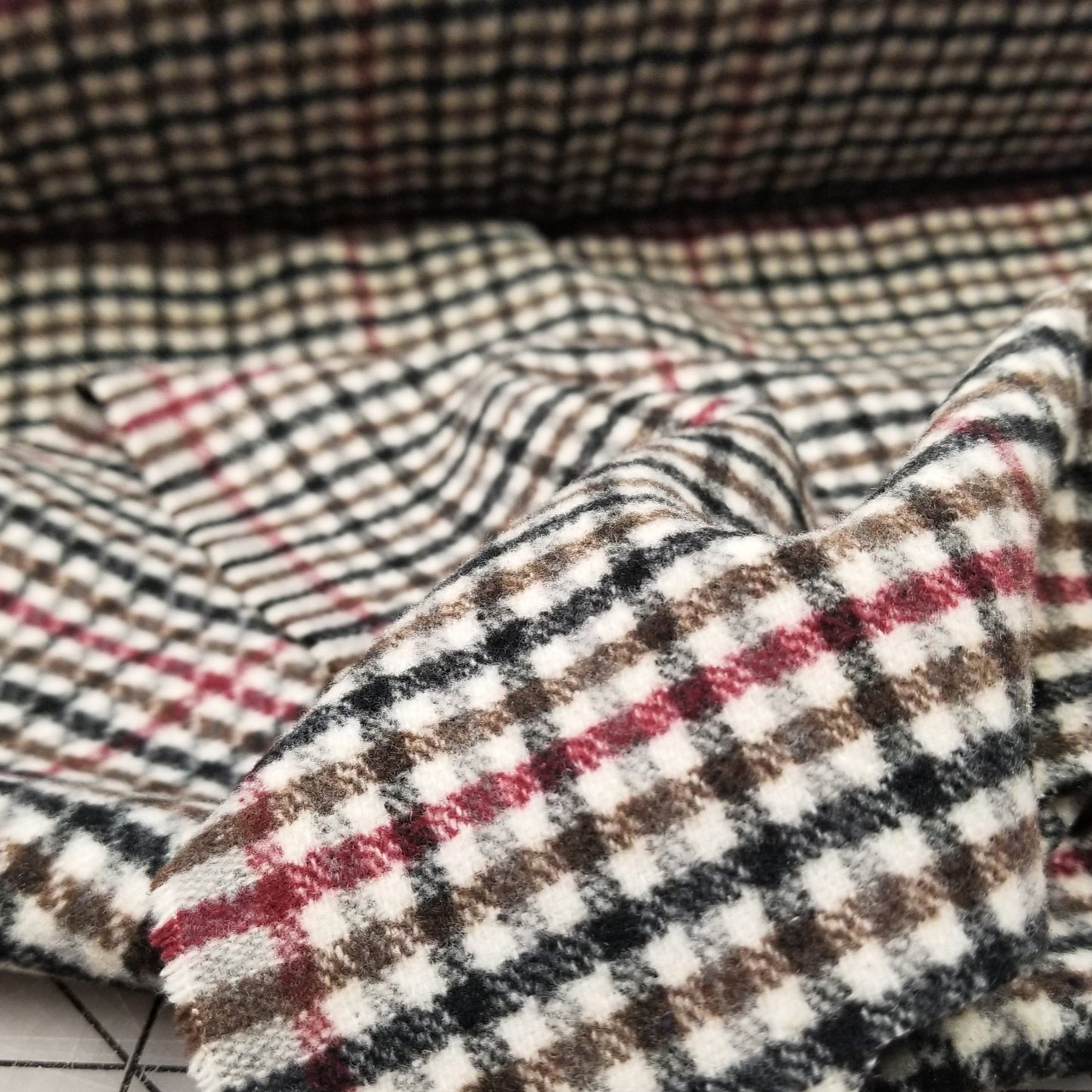 LA FInch 5 yard precut: 5 yards of Wool Blend Melton Olive and Burgundy Checks Woven