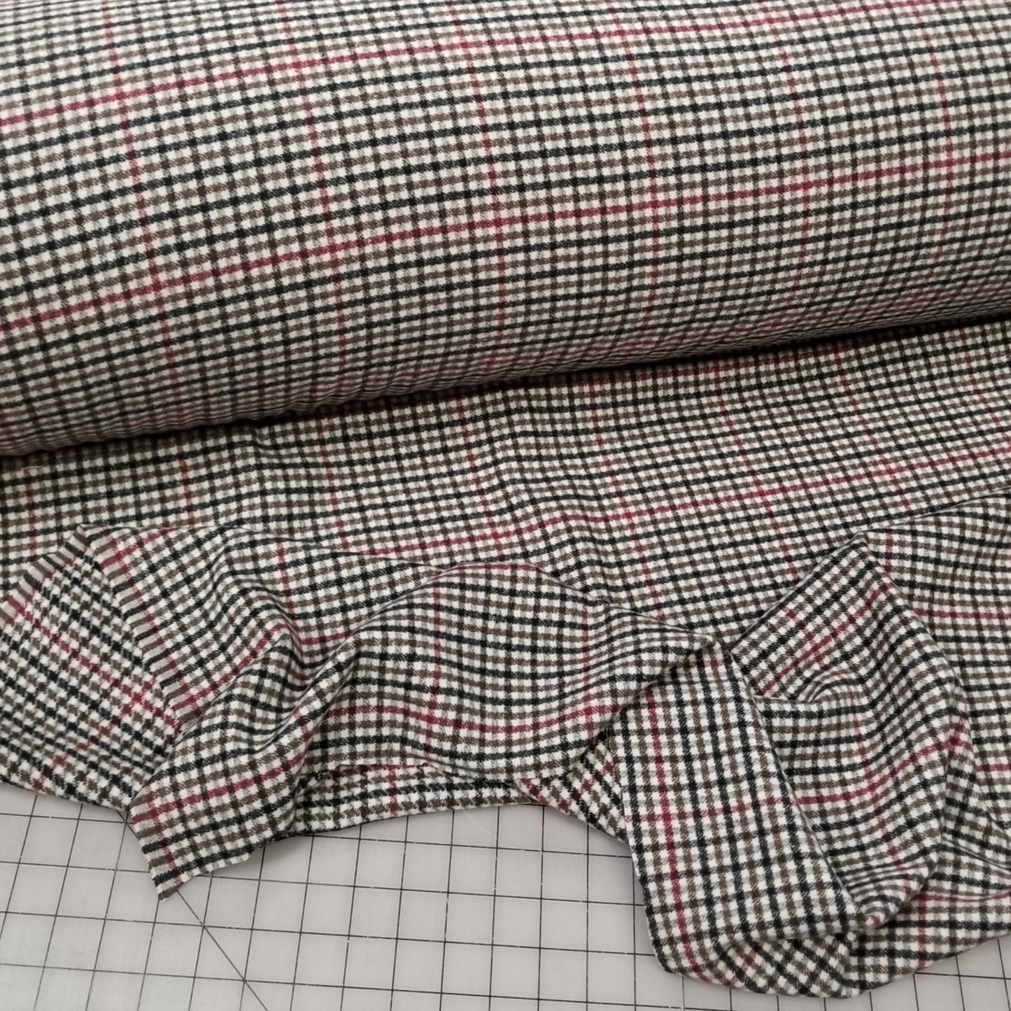 LA FInch 5 yard precut: 5 yards of Wool Blend Melton Olive and Burgundy Checks Woven