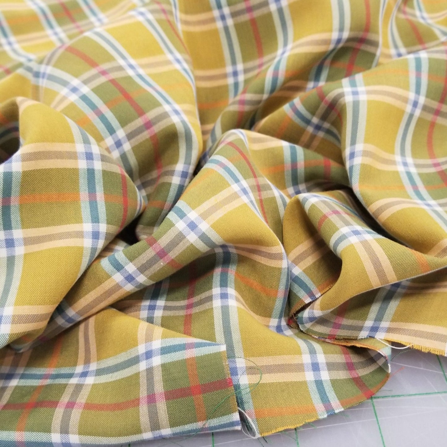 Designer Deadstock European Soft Apparel Yarn Dyed Plaid Orange Yellow and Blue Shirting Woven- by the yard