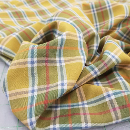 Designer Deadstock European Soft Apparel Yarn Dyed Plaid Orange Yellow and Blue Shirting Woven- by the yard