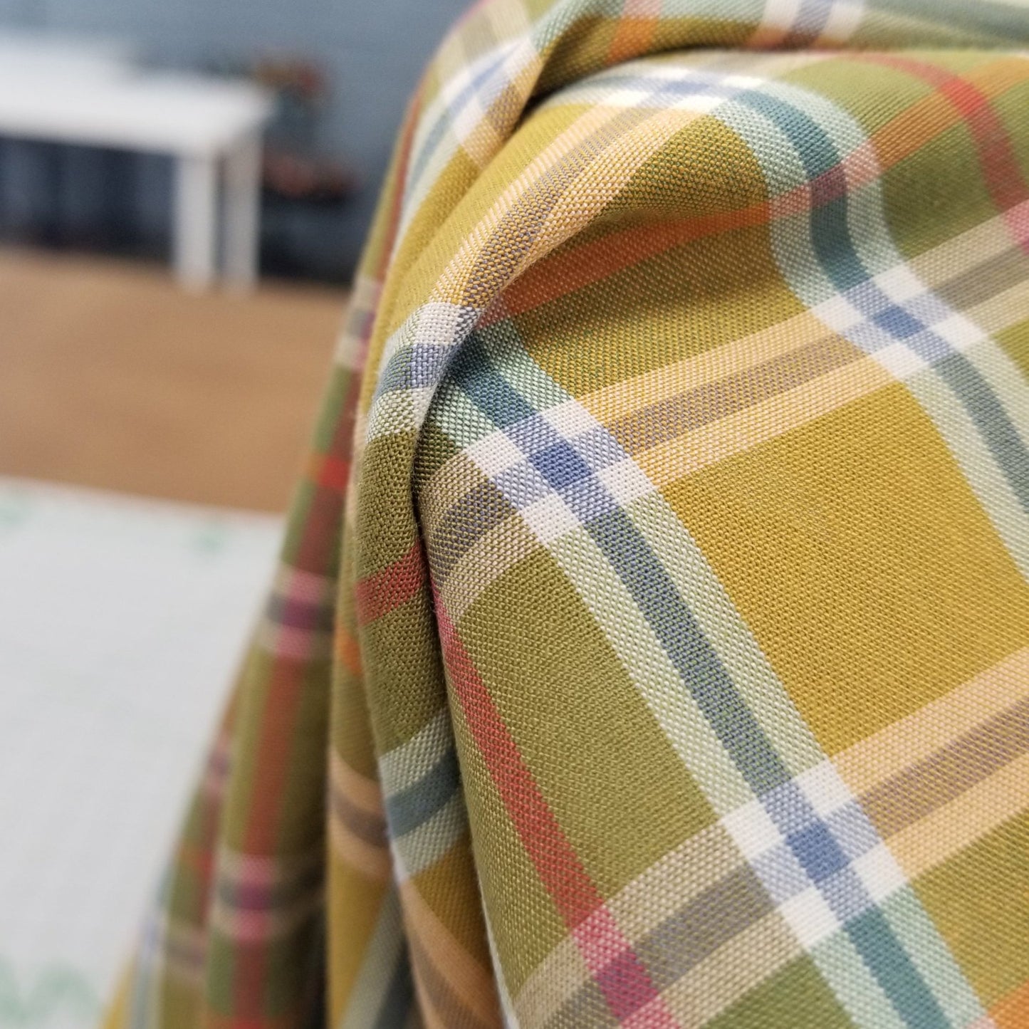 Designer Deadstock European Soft Apparel Yarn Dyed Plaid Orange Yellow and Blue Shirting Woven- by the yard