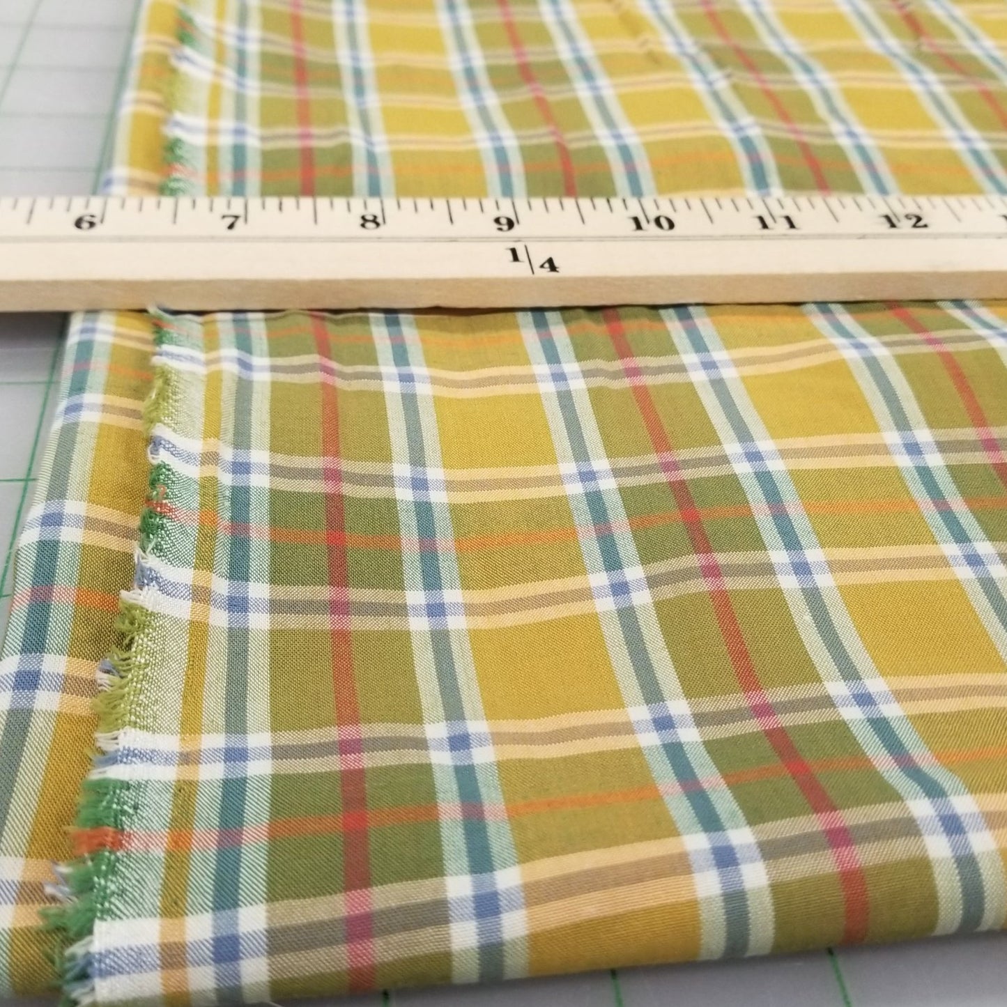 Designer Deadstock European Soft Apparel Yarn Dyed Plaid Orange Yellow and Blue Shirting Woven- by the yard