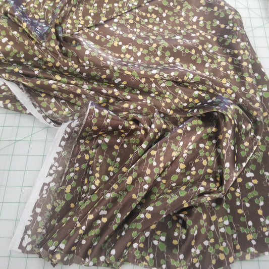 End of Bolt: 2.5 yards of Brown Vine Florals Satin Charmeuse Woven- Remnant