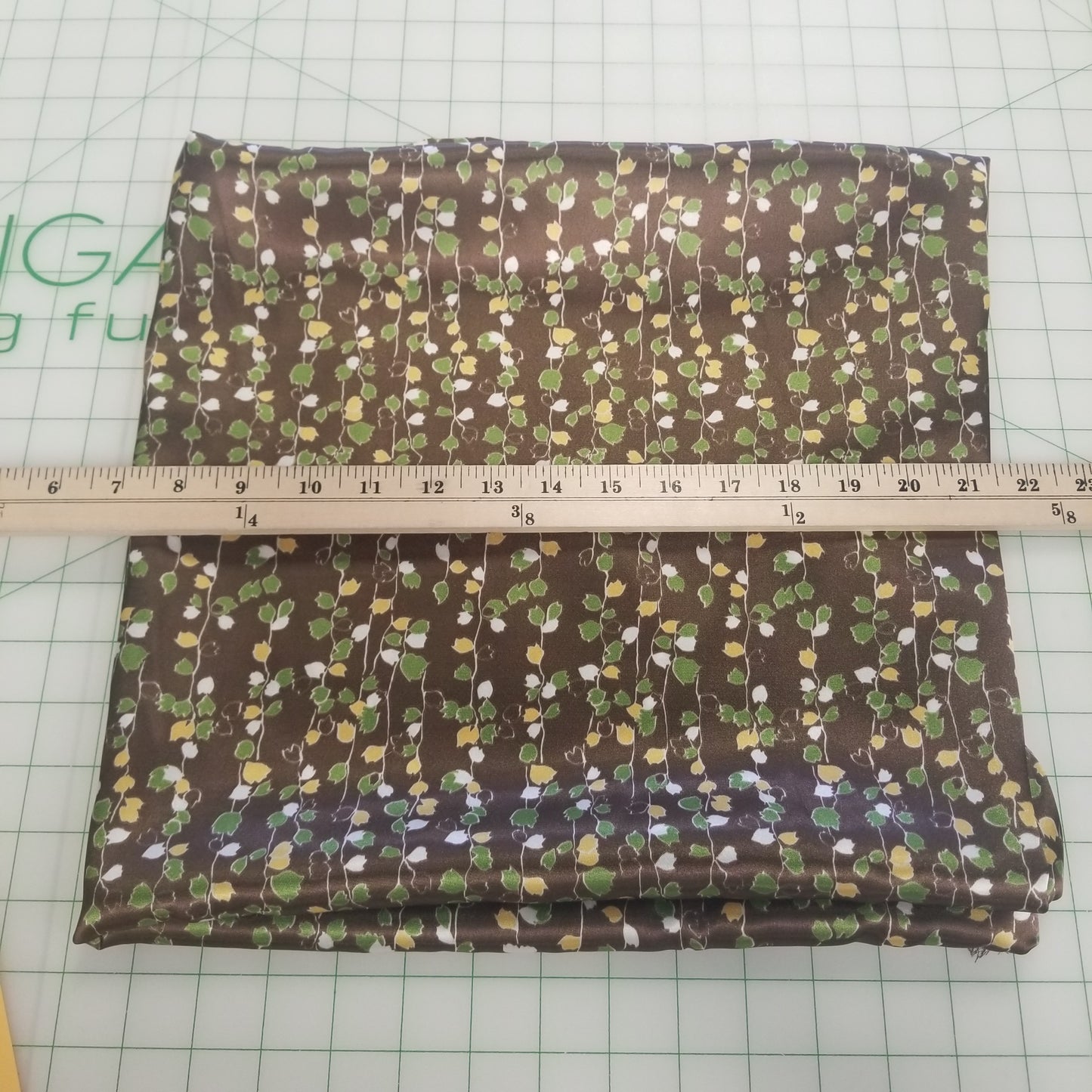 End of Bolt: 2.5 yards of Brown Vine Florals Satin Charmeuse Woven- Remnant