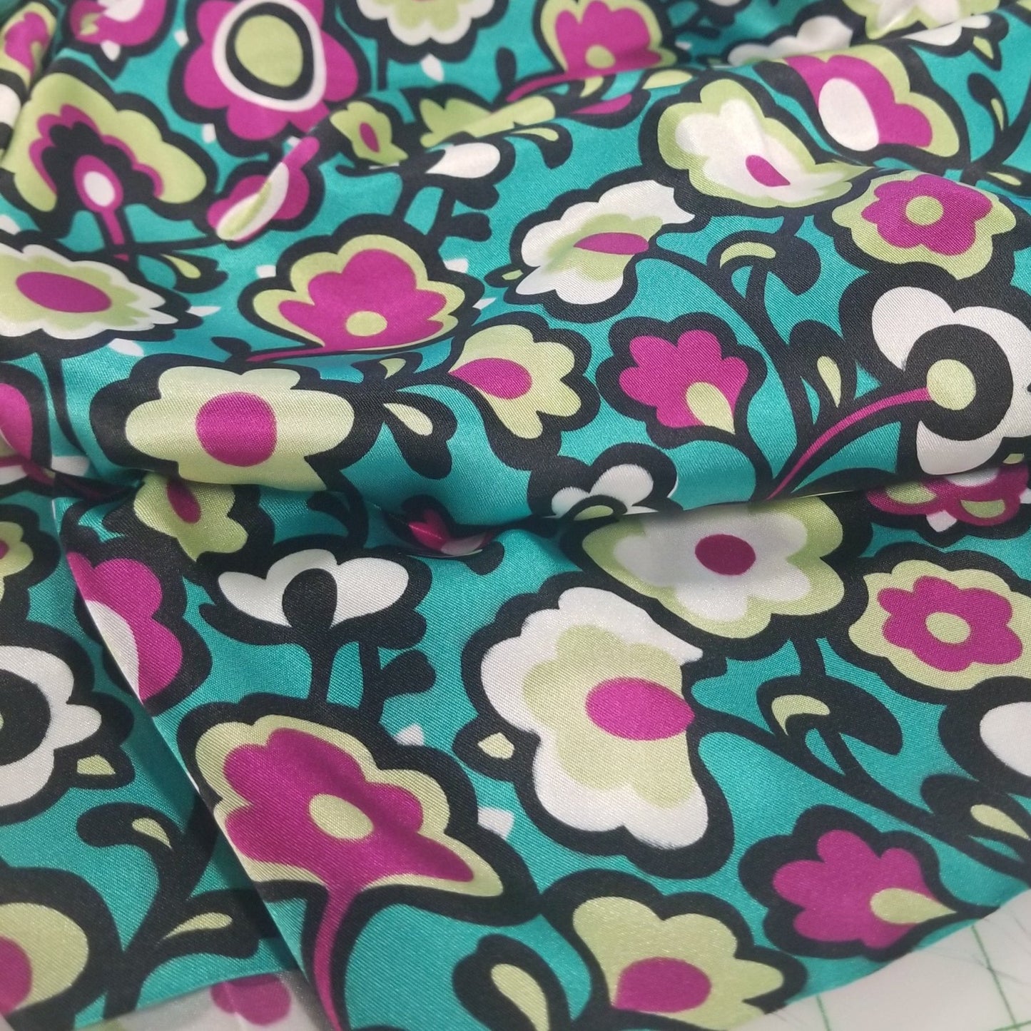 End of Bolt: 3-1/8th yards of Turquoise Retro Florals Satin Charmeuse Woven- Remnant