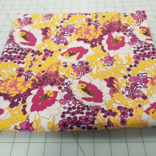 Designer European Deadstock Cotton Spandex Floral Yellow and Fuchsia Stretch White Twill Woven- by the yard