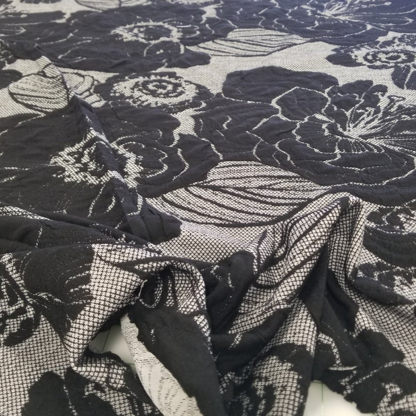 Designer Deadstock Black and Ivory Special Occasion Tri-blend Large Scale Floral Double Knit-by the yard