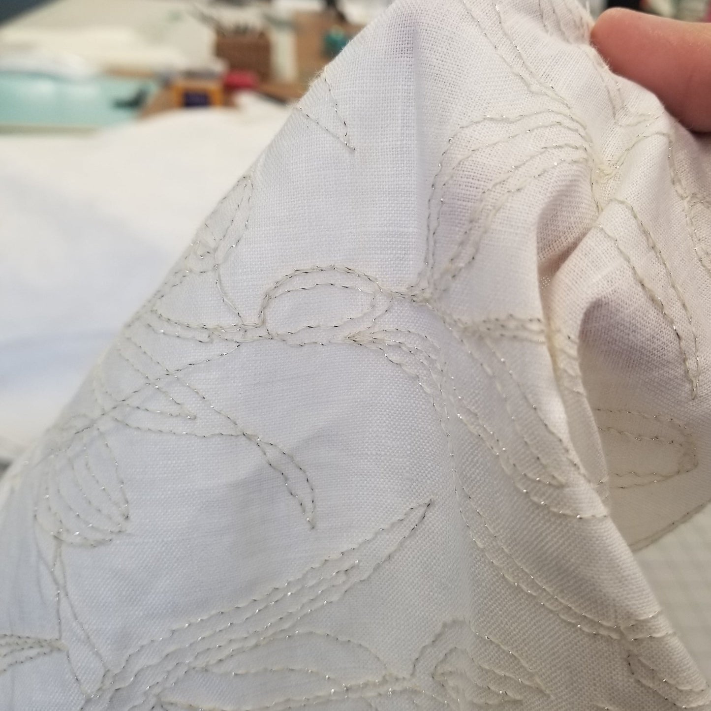 LA Finch 5 yard precuts: 5 yards of Designer European Deadstock 100% Ivory Linen with Embroidered Silver Lurex Stitching Leaves