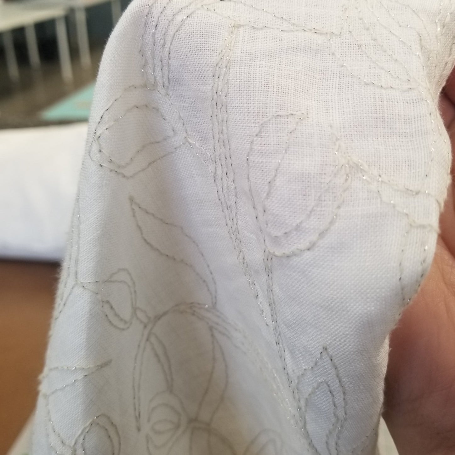 LA Finch 5 yard precuts: 5 yards of Designer European Deadstock 100% Ivory Linen with Embroidered Silver Lurex Stitching Leaves