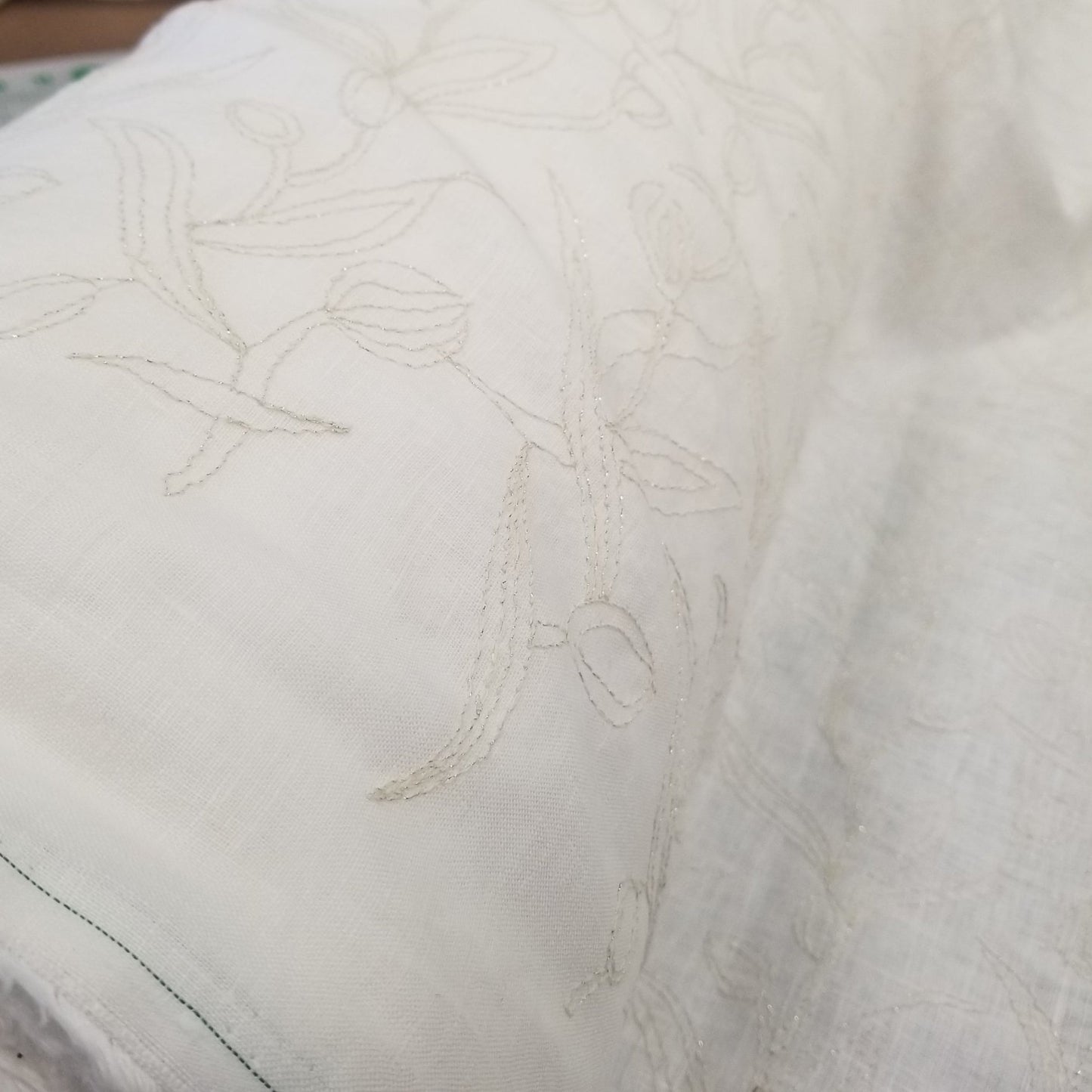 LA Finch 5 yard precuts: 5 yards of Designer European Deadstock 100% Ivory Linen with Embroidered Silver Lurex Stitching Leaves