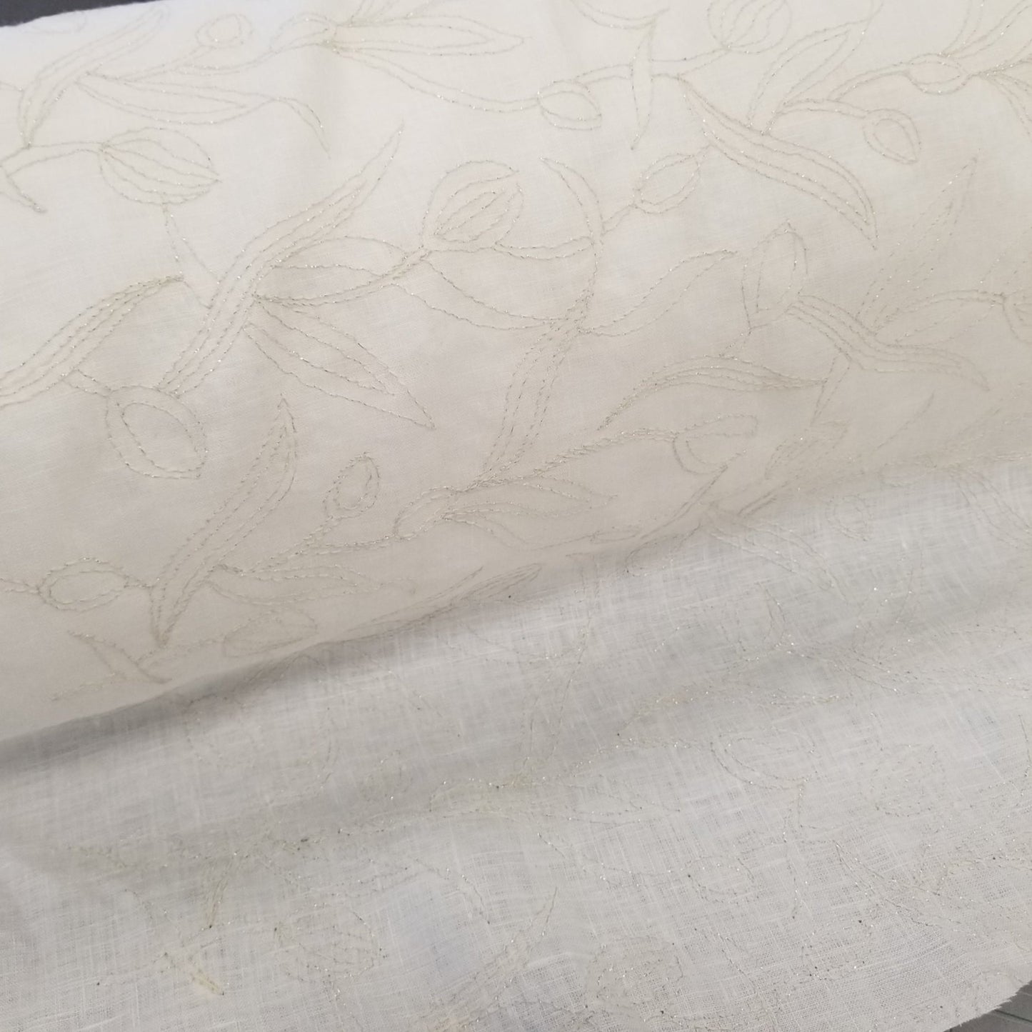 Designer European Deadstock 100% Ivory Linen with Embroidered Silver Lurex Stitching Leaves-by the yard