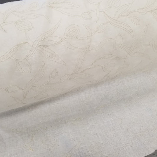 LA Finch 5 yard precuts: 5 yards of Designer European Deadstock 100% Ivory Linen with Embroidered Silver Lurex Stitching Leaves