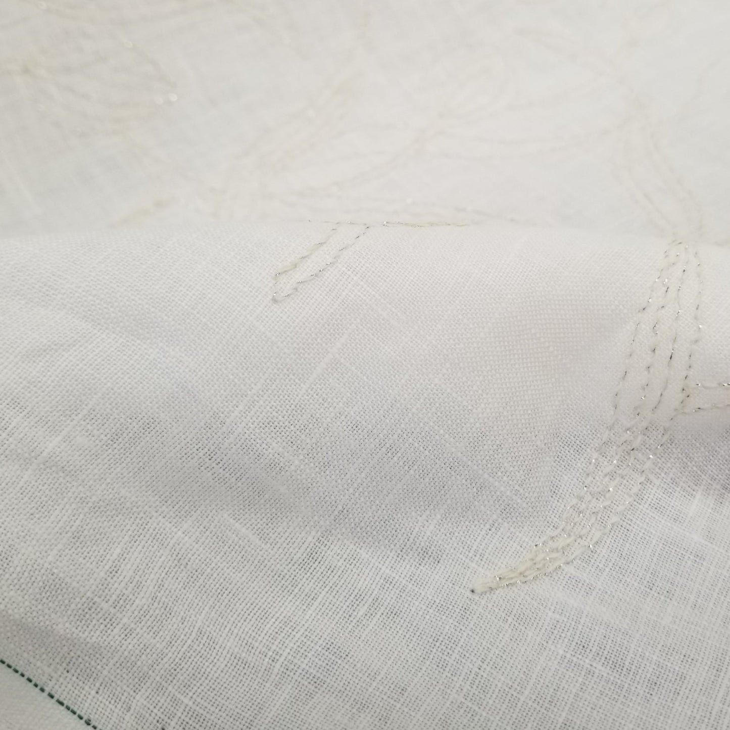 LA Finch 5 yard precuts: 5 yards of Designer European Deadstock 100% Ivory Linen with Embroidered Silver Lurex Stitching Leaves