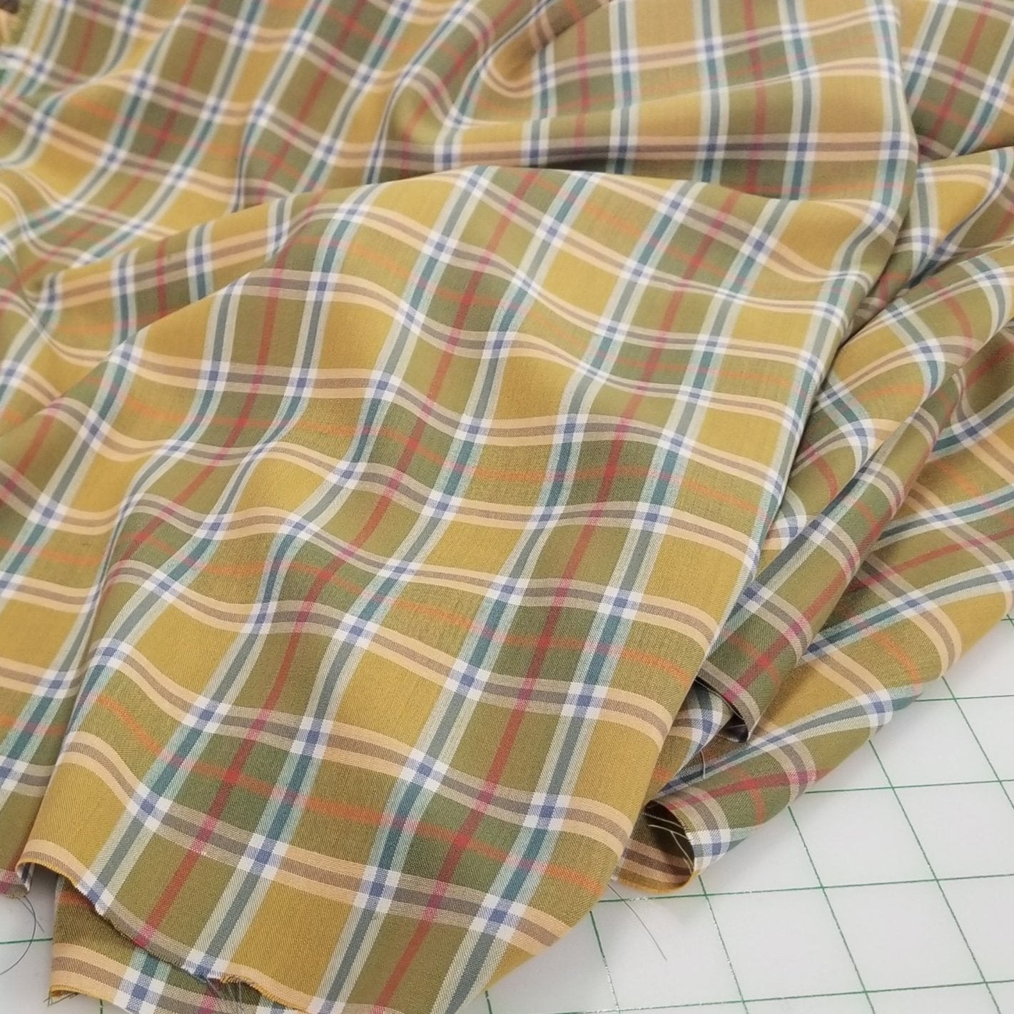 FABRIC SWATCH OF Designer Deadstock European Soft Apparel Yarn Dyed Plaid Muted Orange Yellow and Blue Shirting Woven-SWATCH