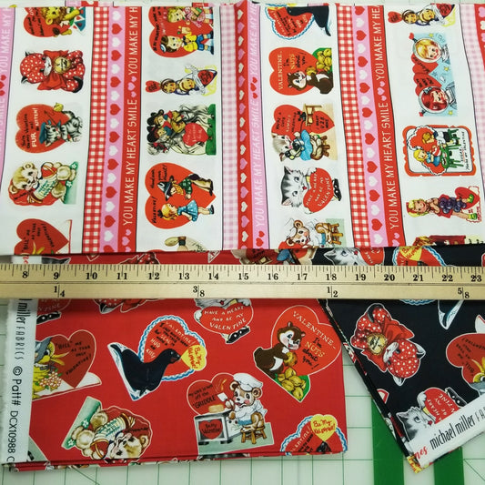 End of Bolt 3 yard case pack: 3 pieces of Quilting Cotton Michael Miller " Vintage Valentines"(1 yard cuts)- As pictured