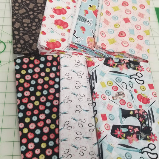 End of Bolt 7 yard case pack: 7 pieces of Quilting Cotton Studio E "Love You Sew"(1 yard cuts)- As pictured