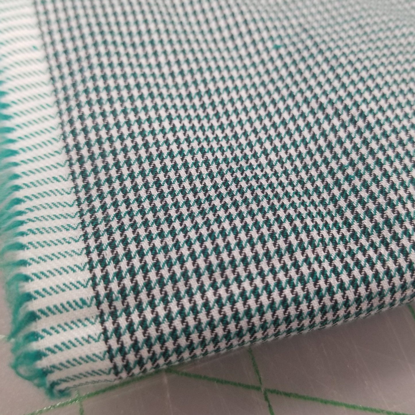 Italian Deadstock Silhouette Cotton Apparel Green Micro Houndstooth Shirting Woven- by the yard