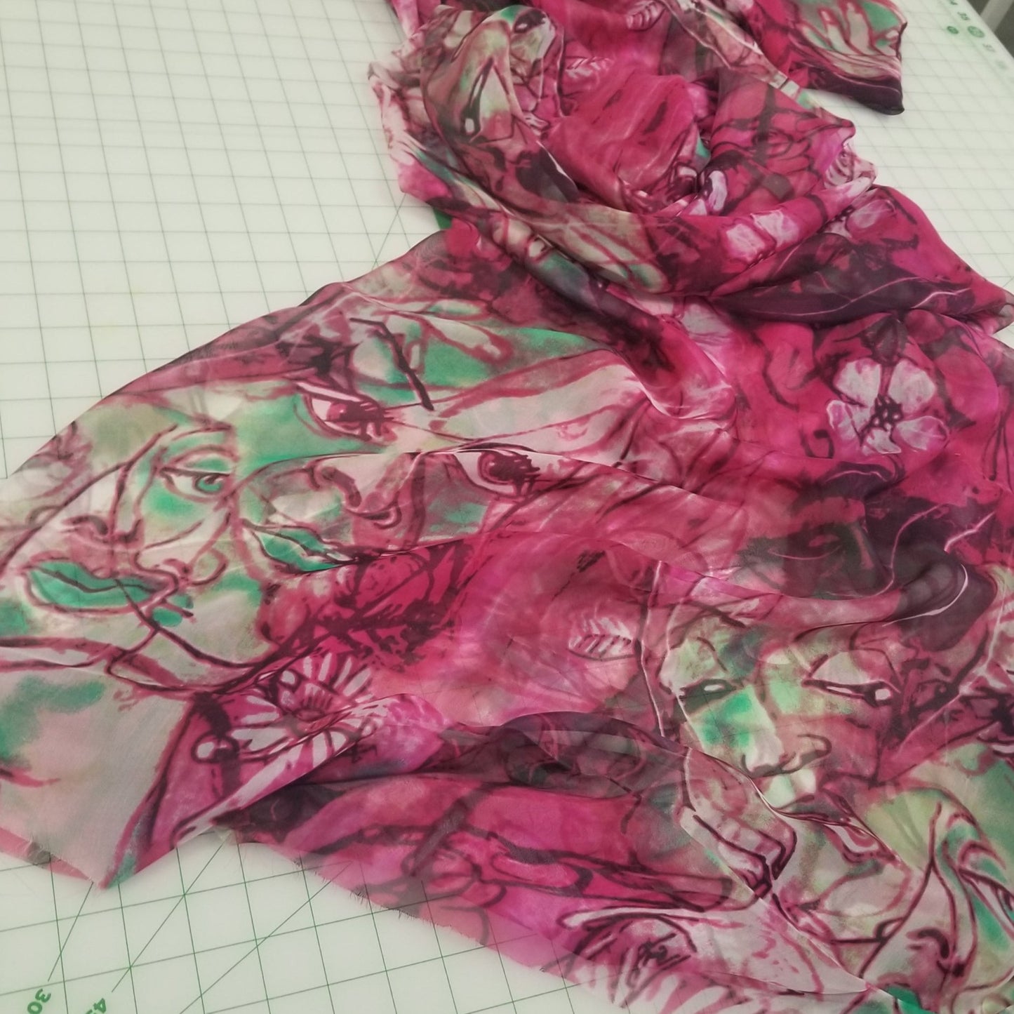 End of BOlt: 5-7/8th Yards of 100% Silk Chiffon Abstract Faces Woven- Remnant